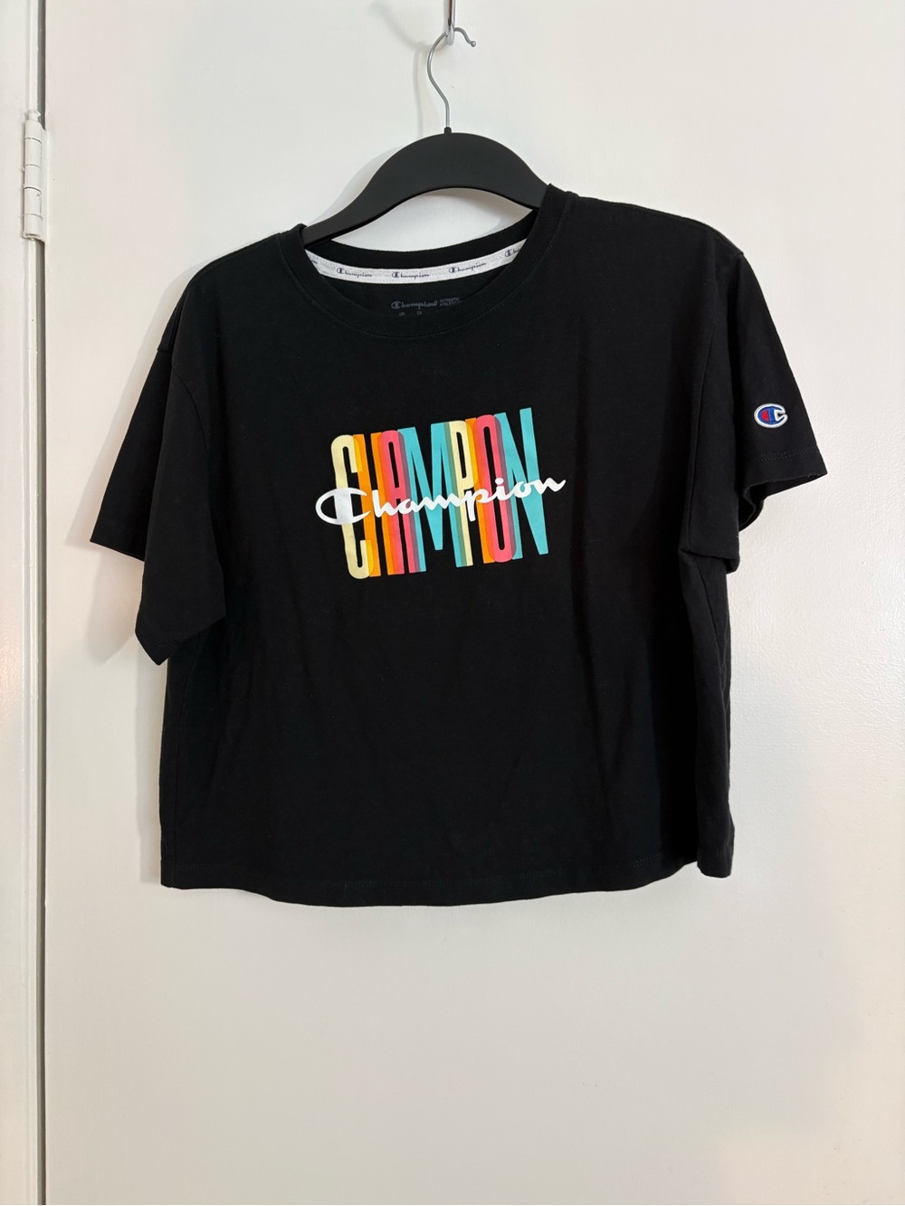 Champion Black Crop Tee with Rainbow Logo